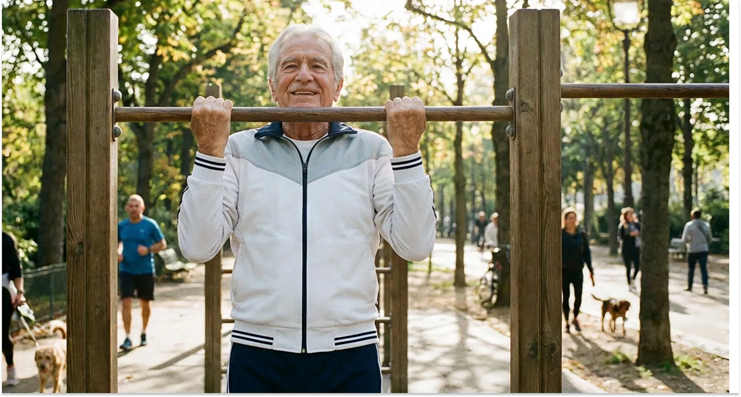 A senior man doing light pull-ups outdoors, showcasing physical strength, determination, and commitment to fitness in order to preserve muscle even with aging