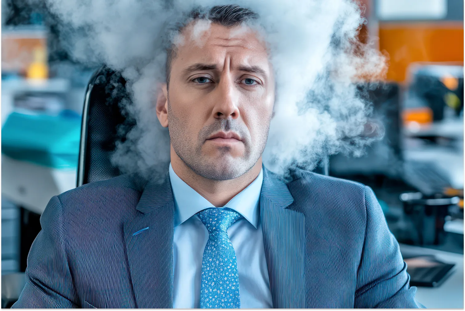 A middle aged office worker man with his head engulfed in brain fog due to low testosterone