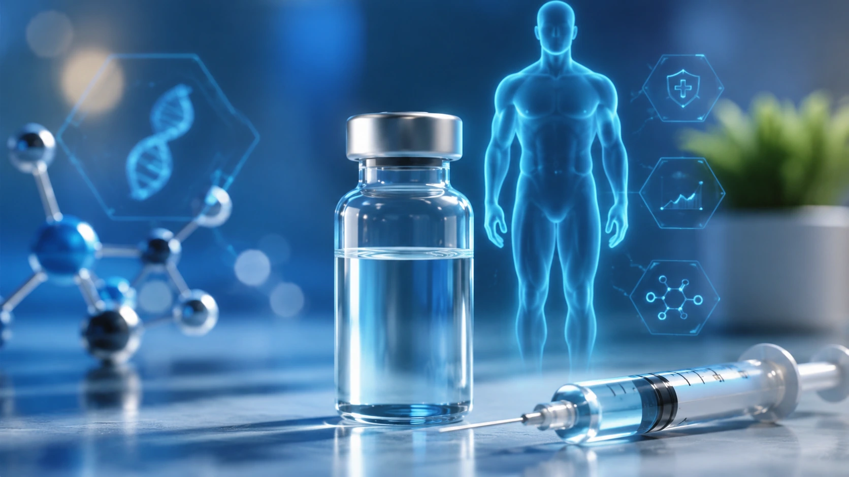 Futuristic testosterone therapy vial and syringe with holographic hormone optimization visuals representing modern TRT, hormone balance, and advanced medical technology.